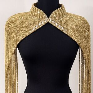 Gold Beaded Shoulder Fringe Cape with Pearls